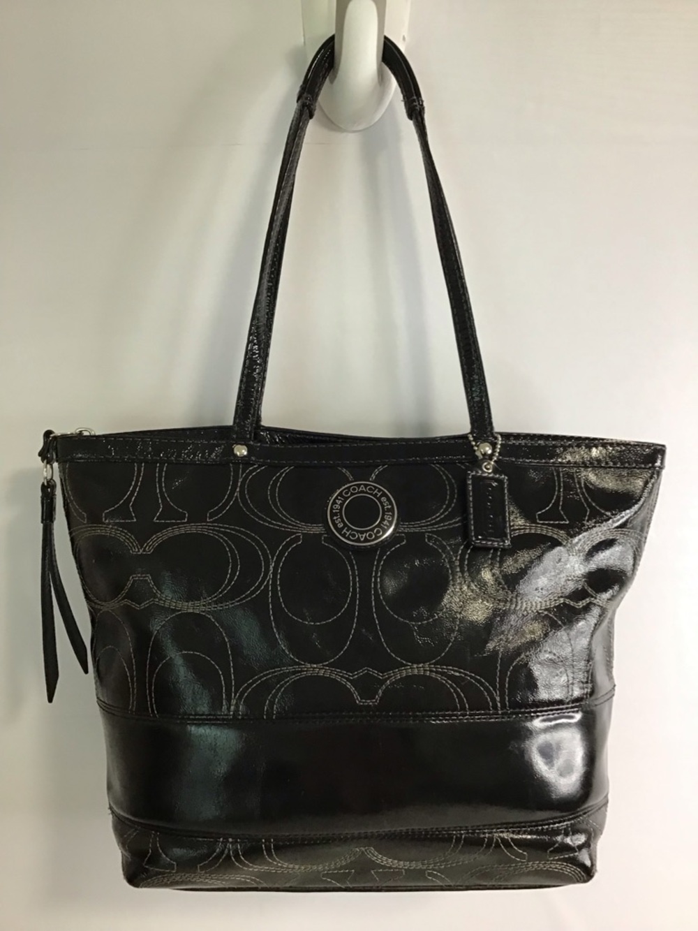 Coach Signature Logo Black Patented Leather Stitch Tote Shoulder Bag Purse